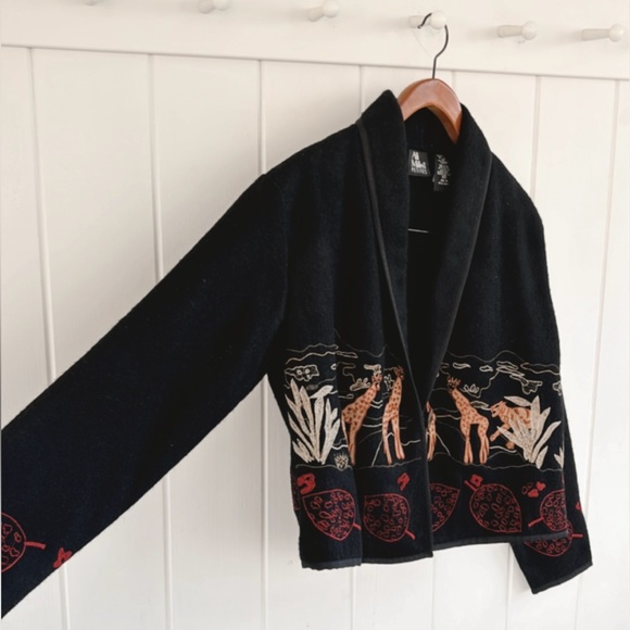 Ali Miles Embroidered Jacket Wool Animals Giraffes Artsy Art Teacher Unique - Picture 6 of 16